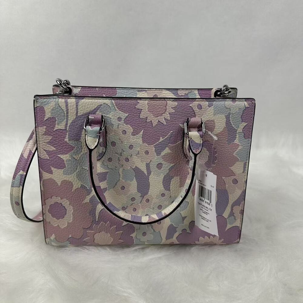 COACH Maggie Small Tote Bag Crossbody Floral Print In Leather Ivory/Purple CBM08 - Picture 3 of 11